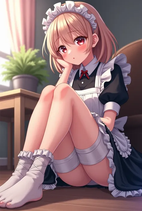 1 girl, maid, sitting, frilled socks, from below, soles, embarrassed, bike shorts, pouty lips, toeless legwear, cross-laced legwear, masterpiece, best quality, uncensored