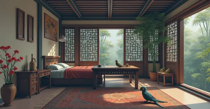 Ancient Chinese Scene，2D hand drawn，Concept map，Parallel layout of the front of the window，A few faint rays of sunlight shone through the window on the desk，Mottled light and shadow。The desk is in the middle of the room by the window， The center is a warm ...