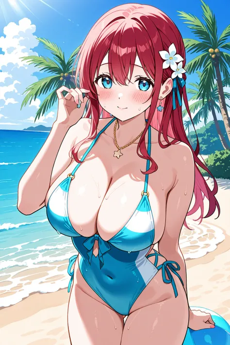 NSFW、One woman in a swimsuit 、background( Midsummer Beach )、chest、blush、shame。