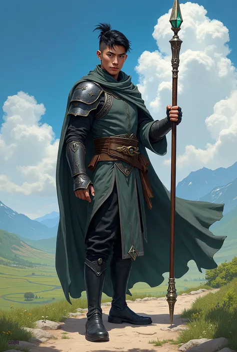 In RPG style, in style of Dungeons & Dragons, in style of fantasy painting. Full body view, looking at the viewer. Image of an asian male mage holding metal quarterstaff with small crystal on top.Tight black jade cloth armor with dark grey cape, black pant...