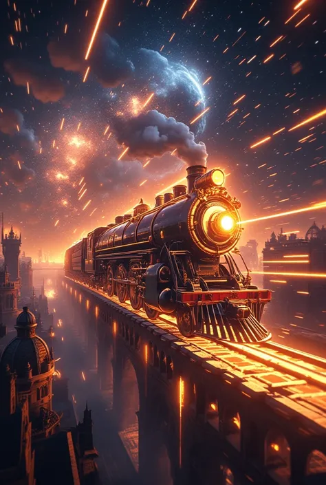 science-fiction, realistic. glowing shadow of steam-punk train flying in the cosmic space very spirally and dinamically and breaking crashing many layers of the dimension, with many beautiful light trails spiraling. many historical landmarks in the world a...