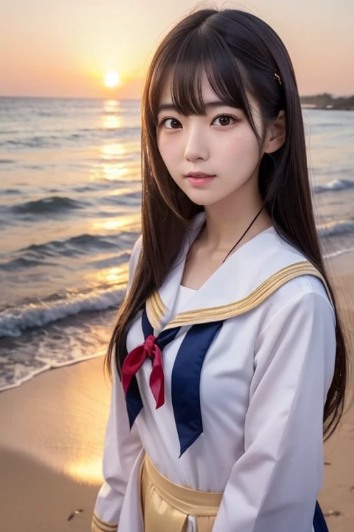  a Japanese woman who looks like an idol  , long hair , straight hair , Round face , bust up ,  sailor suit  ,  as pictured  , Golden sand beach at sunset 