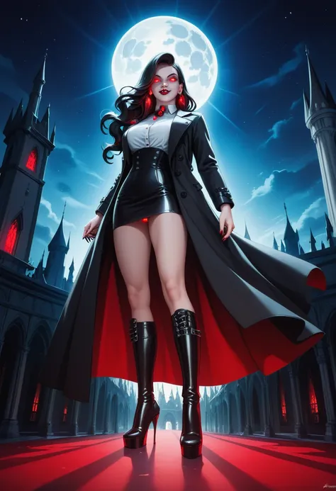 score_9, score_8_up, score_7_up, score_6_up, score_5_up, score_4_up, black and white picture of a female vampire beautiful female vampire, red glowing eyes, portrait shot, wearing white button shirt, wearing high heels boots, short skirt, wearing,  wearing...