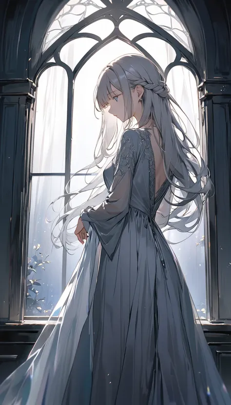 A tall young woman with striking silver hair stands by a large, arched window in an elegant, dimly lit room. The soft glow of the moonlight streams through the glass panes, casting a silvery sheen across her flowing locks, which cascade over her shoulders ...