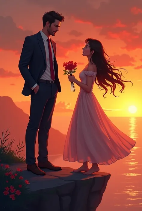  The image depicts the two main characters ,  standing on the edge of a cliff ,  STYLE with SUNSET.  A man with a tense expression on his face , dressed in a formal suit, looks into the distance,  his eyes are full of passion and inner wrestling .  He has ...