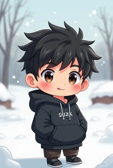   Draw a picture of chibi  , is a male character with dark hair ,  with a dark brown look  , and wear a black hoodie. Behind is a snowy scene