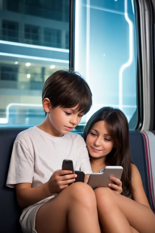 young boy sitting on his moms lap using her phone, shorts, inside of a bus, brown hair, blue eyes, blushed cheeks, photo realistic, ultra detailed, soft lights, night time, city, 1boy, sitting on lap, cinematic lighting, glowing light, reflection light, ba...