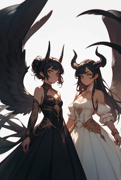 Two  twin anime girls  standing together. With long black hair, and  blacj eyes wearing  dresses and has denon horns and wings