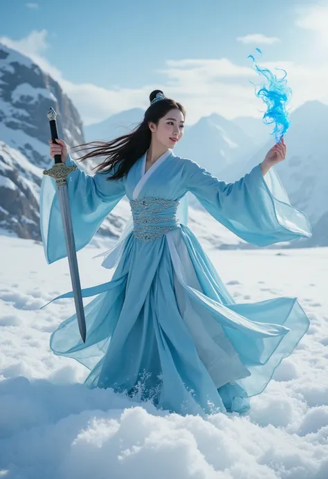  A woman in an ancient style dress  ,   holds a cold sword with a blue flame in her hand,  Dancing in the snow ,Long hair flying, Holding a silver sword,  Decorated with jade ,  Confident Smile , Floating in the clouds ,The background is the mountains,  De...