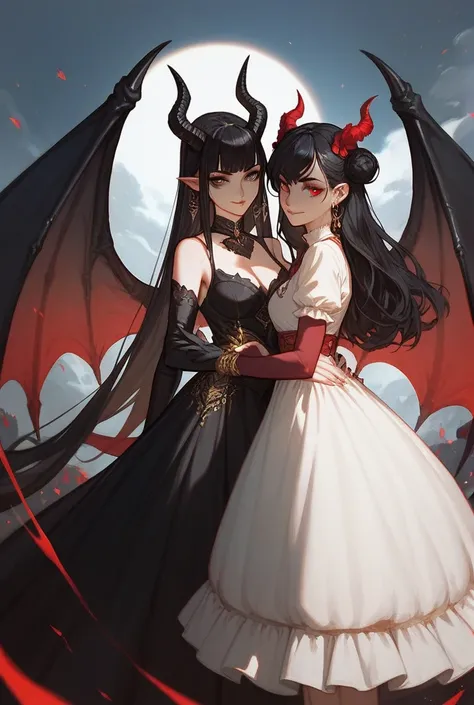 Two  twin anime girls  standing together. With long black hair, and  blacj eyes wearing  dresses and has demon horns and wings