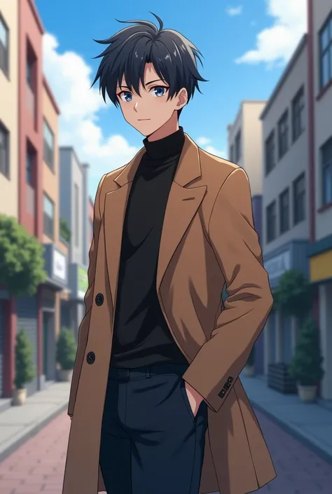 anime boy in a brown coat standing in a city street, a character portrait inspired by Munakata Shikō, trending on cg society, shin hanga, tall anime guy with blue eyes, young anime man, anime moe artstyle, anime handsome man, male anime character, handsome...