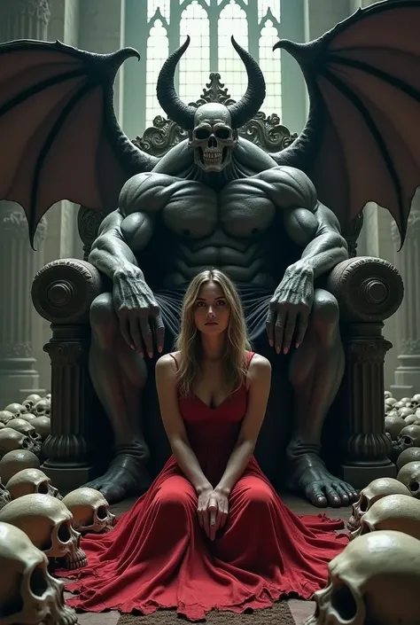 Surrealism , massive muscular monster with skull face with bat wings  ,sitting on a throne chair  , sharp gaze in front of him is a woman in a red dress sitting on the floor and covered with skull heads , dark fantasy dramatic interior background castle  