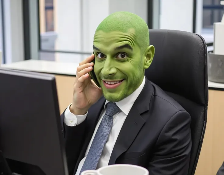 adrianm, (adrianm:1.5) as a frog, (frog0.5), adrianm as a frog, green skin, (green skin:1), wearing a suit at a office in a phone call, (phone call:1.5), looking the camera with a neutral expression, smiling, natural lighting, at the office, (office:1.5),