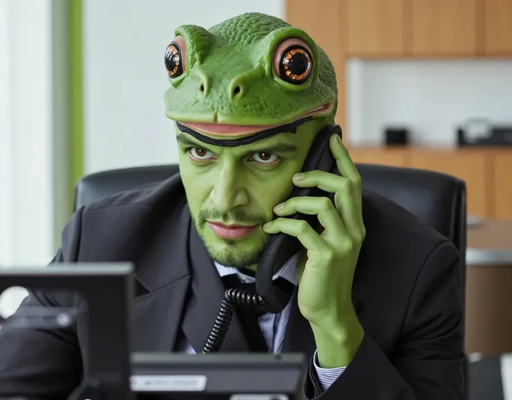 adrianm, (adrianm:1.5) as a frog, (frog0.5), adrianm as a frog, green skin, (green skin:1), wearing a suit at a office in a phone call, (phone call:1.5), looking the camera with a neutral expression, smiling, natural lighting, at the office, (office:1.5),