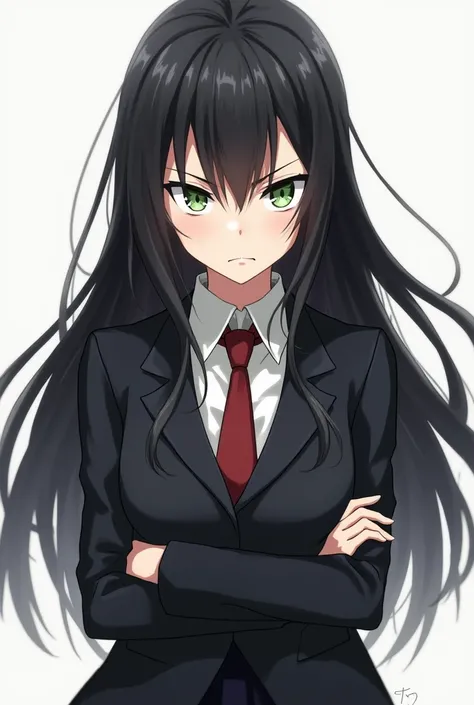 1girl, High Resolution, Long Hair, Looking at viewer, Strict, Angry glare, Green eyes, Black hair, Breasts, Anime, High school uniform, Arms crossed,