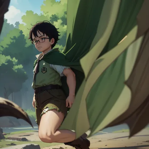 Boy、brown shorts、big round glasses、adventurer、、、、head down、lose、guilty、despondency、sad、repression、guilt、betrayal、chill、hurt、make up for、forgive、rounded glasses、green cape、full body、brown coat、white shirt、green tie、brown shorts、black boots、dynamic pose、1 pe...