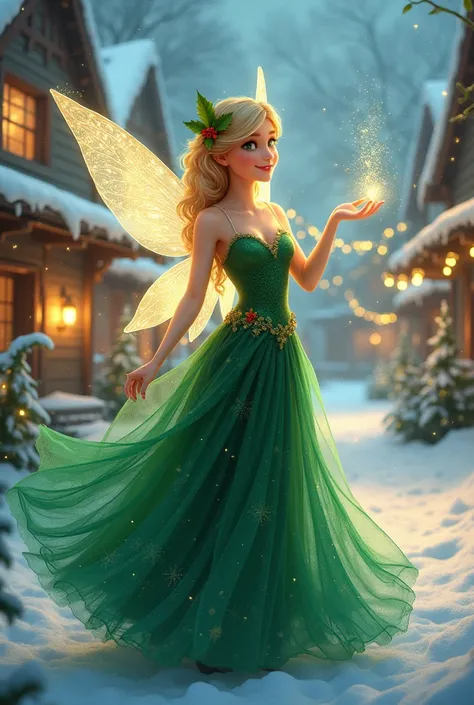 " A graceful Christmas fairy in an emerald green dress adorned with holly leaves , holding a magic candy cane .  Her wings shine with shades of blue and silver ,  as she scatters golden magic powder in a snow-covered village illuminated by Christmas lights...