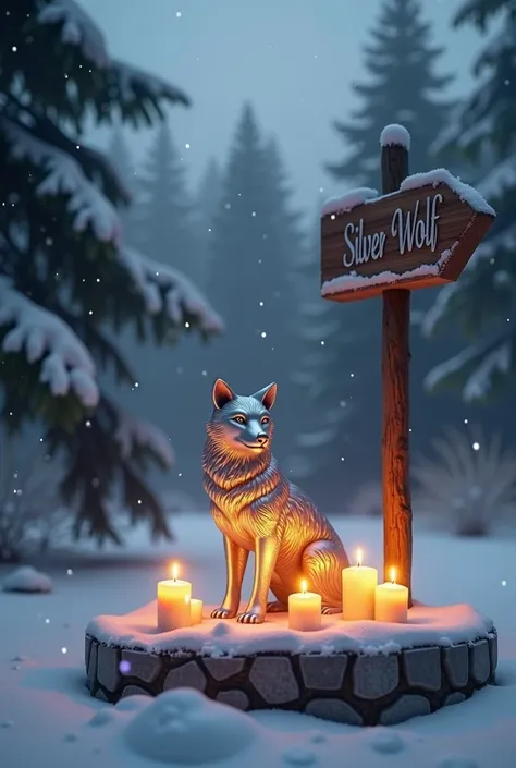 A snowy outdoor scene with a glowing silver wolf-shaped candle surrounded by a circle of smaller candles, placed on a stone pedestal under a winter sky filled with gently falling snowflakes. Behind the candles, a silhouette of a pine forest creates a mysti...