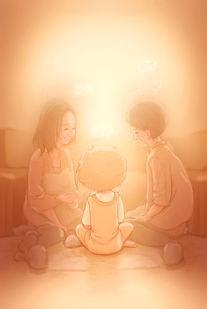 Drawing Idea: A cozy living room with a  sitting on the floor, listening to their parents. The parents smile warmly while teaching the words "po" and "opo." Include speech bubbles with these words.