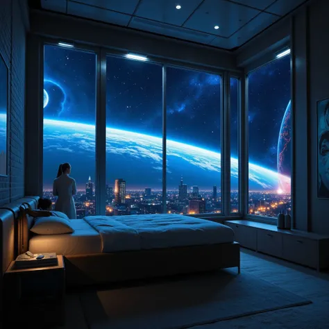  High resolution ,  masterpiece,  super detail , view from inside a bedroom in a space station, big glass wall panels with view to the stars. Bright stars, sci-fi aesthetic, cyber Preciso, Ultra HD, Alta qualidade, cyber punk, technology, bedroom