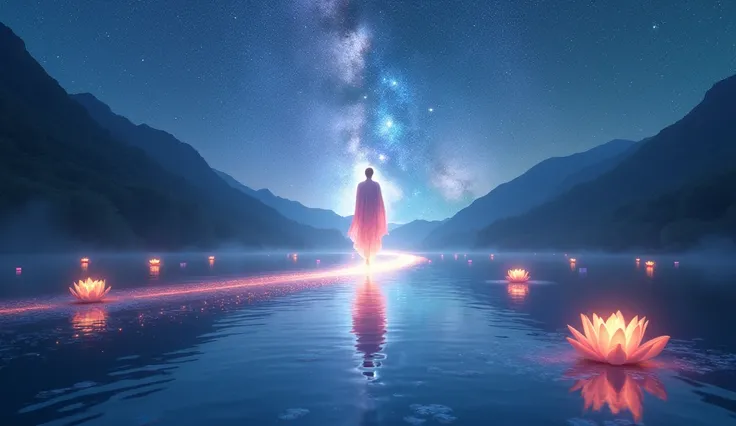 A serene lake reflecting the cosmos, with a glowing wise figure walking on water, their footsteps leaving ripples of rainbow light, surrounded by floating glowing lotus flowers.