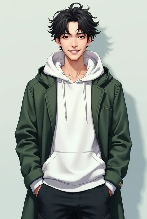 Kazunari Ninomiya、 high res、 twist spiral perm、 Center Part、 shortcut hair、 white hoodie 、 black cargo pants 、dark green hooded coat 、smile、