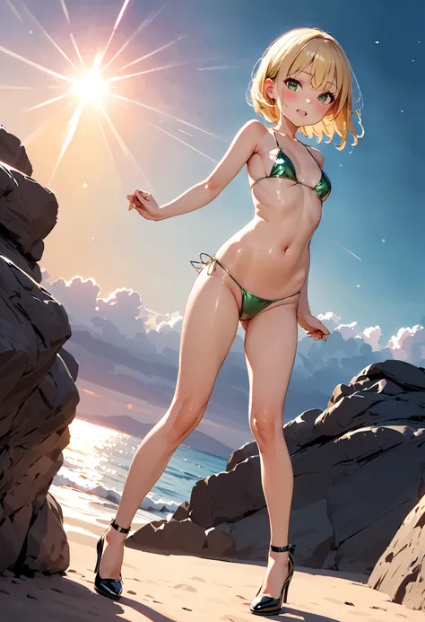 A petite, slender girl is wearing a green metallic micro bikini、(( frowns、  open your mouth、 blush))、 very detailed、8k、 Photorealistic 、 hyperrealistic 、 chiaroscuro lighting 、 dramatic shadow 、 elegant 、Grace、enchanting、Enchanting、 medium bust、 Shiny Skin...