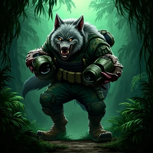 A wolf holding bombs in a jungle in a outfit of military outfit, 2d game style