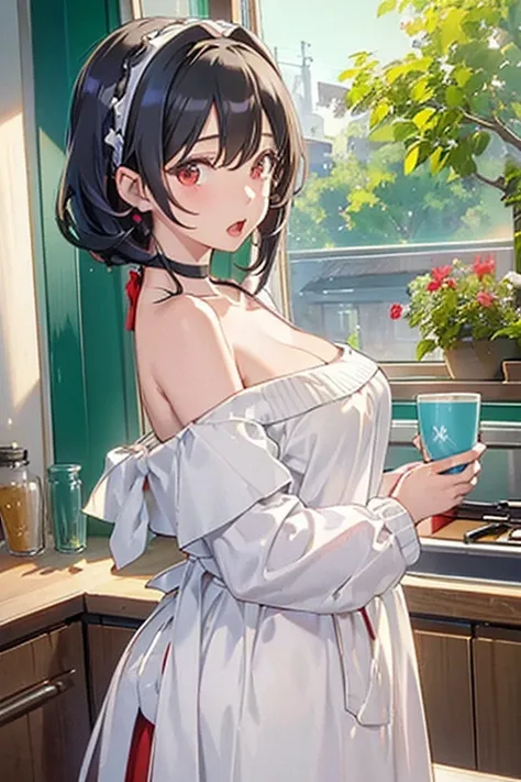 masterpiece, yor, 1girl, Amazing Cleavage:1.3, thin waist, big ass, Raised sexy, medium breast: 1.8 posed cleavage:1.2、solo, looking at viewer, open mouth, have a cup of coffee,black hair, red eyes, dress, bare shoulders, jewelry, collarbone, sidelocks, ha...