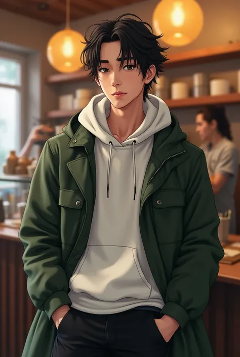 Kazunari Ninomiya、 high res、 twist spiral perm、 Center Part、 shortcut hair、 white hoodie 、 black cargo pants 、dark green hooded long coat、smile、 coffee shop、Avert your gaze