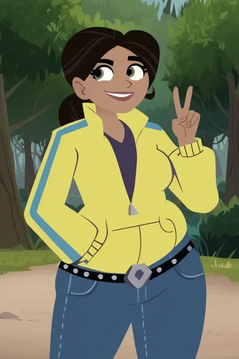 avivacorcovado (big fat body), score_9, score_8_up, score_7_up,yellow jacket, ponytail, long hair, brown hair, green eyes, shirt, denim, jeans, belt,(clothes that fit your big, fat body size), ( dark-skinned female:0.3),1girl (Perfect anatomy of an obese f...