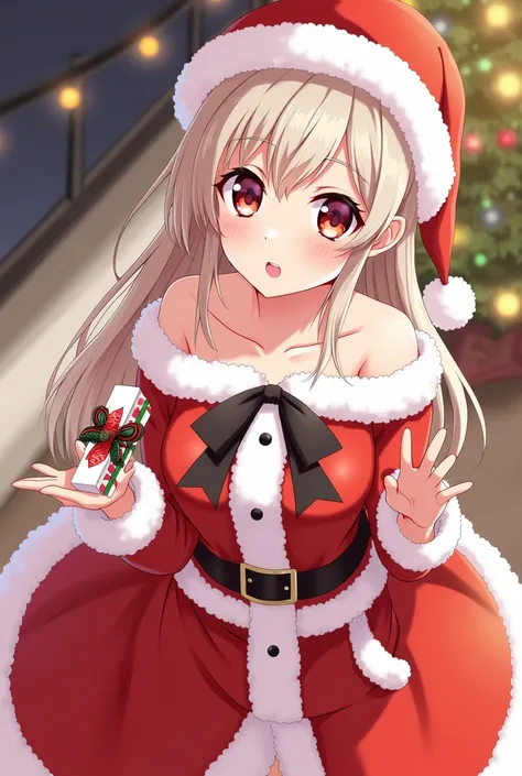 a woman in a santa outfit holding a present in her hand, ecchi, seductive anime girl, ecchi style, ecchi anime style, rin tohsaka, reimu hakurei, ahegao, oppai, azur lane style, top rated on pixiv, beautiful alluring anime woman, , anime goddess