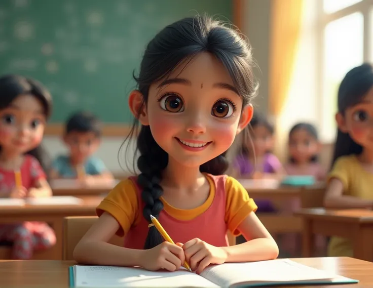 A young Indian girl aged between 8 to 14 in an ABACUS class, with abacus gear and an exercise book open in front of her, looking at the camera and smiling, dress must be modern clothes