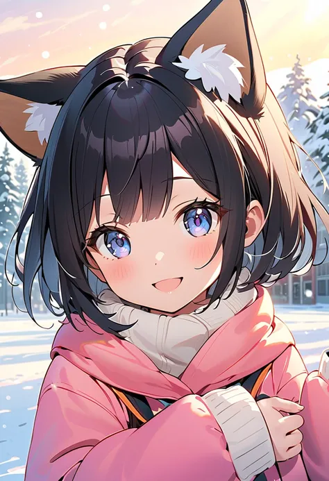  elementary school students，Dog ear girl，      black hair，  black ear  ，  winter，smile，fun，  upper body， January， diacritics 