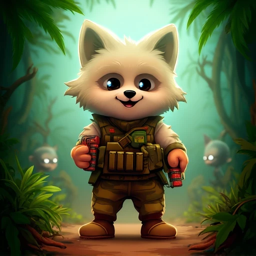 A cute wolf holding bombs in a jungle in a outfit of military outfit, 2d game style with aliens in the background