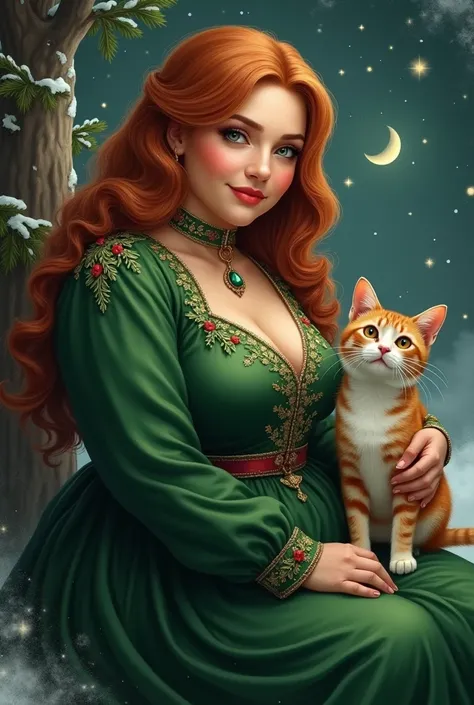 Realistic Overweight woman, long copper-colored hair, moonly skin, thin eyebrows, about 48 years old, mysterious smile, magnetic gaze green refined dress with high collar and embroidery, holly and snow, sitting on the moon accompanied by a cat