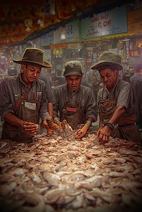 Messi is selling fish in a market with neymar and ronaldo.the photo is taken from their before