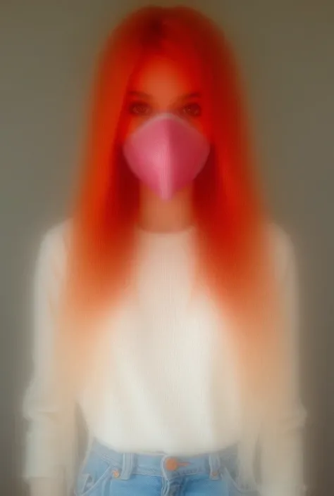  young woman , slanted brown eyes,  yellow skin ,  light makeup ,  long orange red hair parted in half and wavy .  Using a personalized chemical mask with large pink respiratory filters.   dressed in a White Sweater , braided knit sweater, jeans,   wide hi...