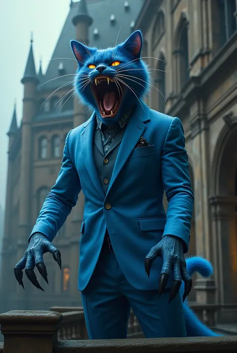 On the balcony of an old, dark palace, a monster cat is wearing a blue stiletto suit. It is laughing hysterically.