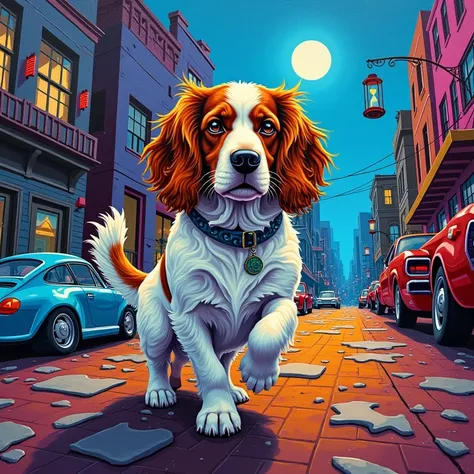 Graffiti-style mural featuring vibrant colors of  a realistic  cute Welsh Springer Spaniel on a wandering Delightful adventure through a ghost town full of shiny metal cars and glass buildings with quirky shapes of hourglasses in the windows . There are gh...