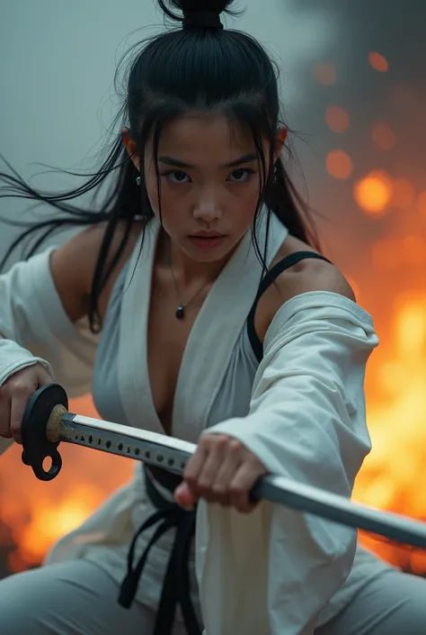  16k、 color、 lean forward:1.3,A beautiful Japanese ninja girl fighting with a dagger 、((  Sexy mini white with loose chest and cuffs :1.5))、((  anatomically accurate))、Fight with bare hands  、18 years old、 cute Japanese idol、 Baby Face、smile、 Off Shoulder ...