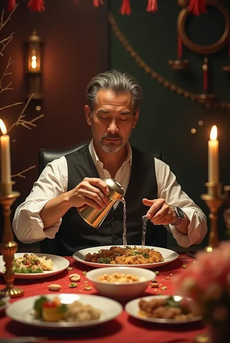 a man is sitting at the New Years table, he has a jug of water in his hands from which water is pouring