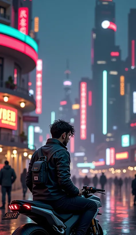 Anime illustration of cyberpunk seashore street scene with full of neon lights, and far angle futuristic buildings, featuring a man sitting on his bike parked in a seashore and seeing the beautiful city. The atmosphere is vibrant and bustling with people i...