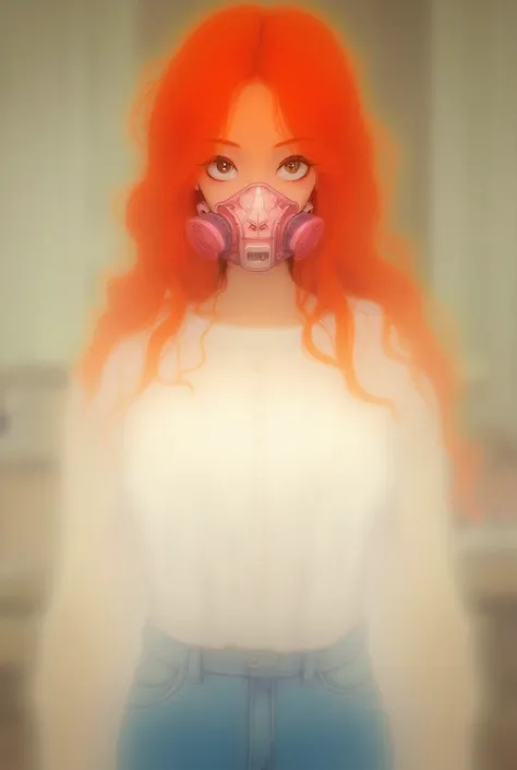  young woman ,  brown-eyed ,  yellow skin ,  light makeup ,  long orange red hair parted in half and wavy .  Using a personalized chemical mask with large pink respiratory filters.   dressed in a White Sweater , braided knit sweater, jeans,   wide hips ,  ...