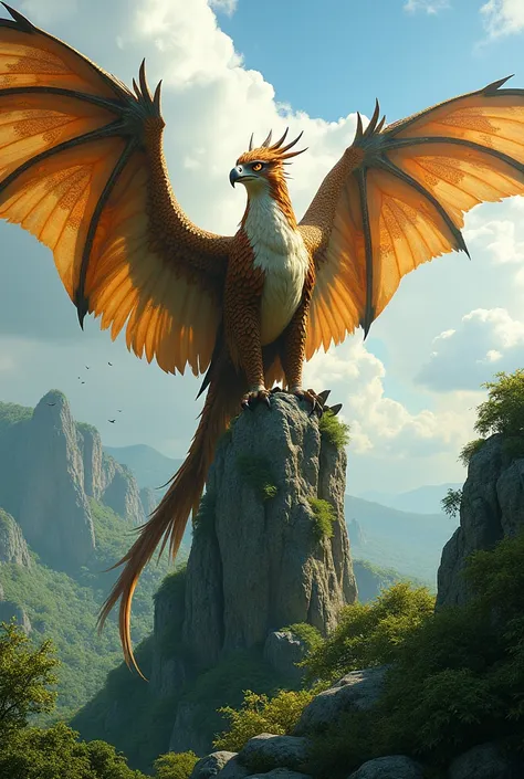 "A magnificent dragon eagle perches on a rugged rock formation in the midst of a lush green landscape. Its massive wings, a blend of feathery textures and dragon-like scales, spread wide, reflecting the sunlight with hues of gold and bronze. The eagles pie...