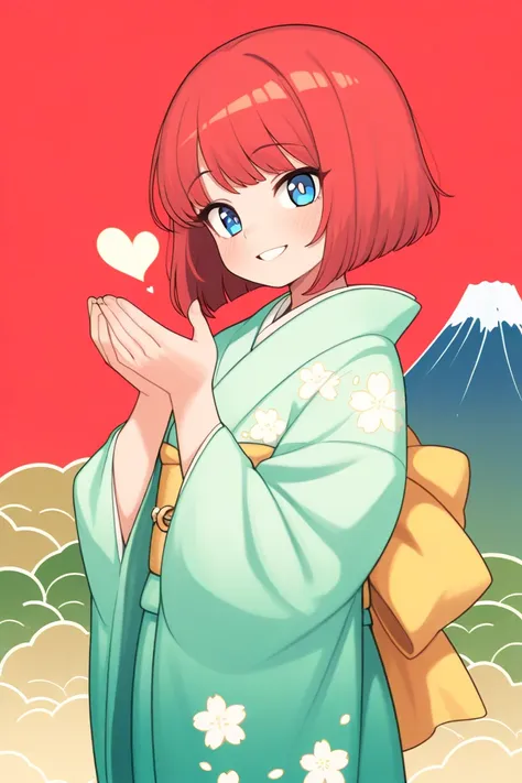 A beautiful lady with red bob hair, blue eyes, wearing a bright and festive kimono suitable for New Years, standing in the center with a bright smile. She is making a heart shape with both hands. The background features Mt. Fuji, using a color palette of g...