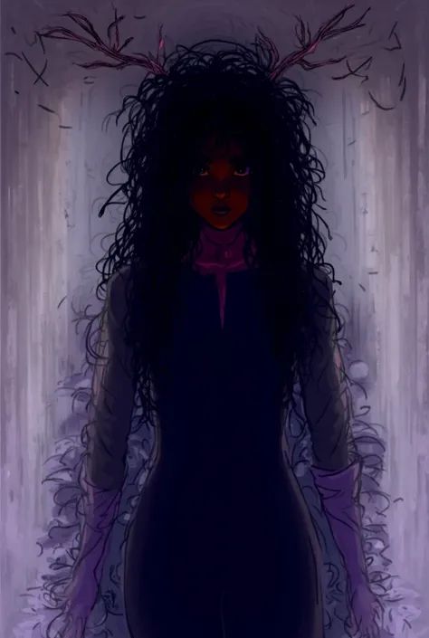  Marvel comic panel .  Black woman with black hair above her shoulders . Shes a mutant ,  she has reindeer antennas on her head ,  she is dressed in the black and purple xmens uniform.  she has black eyes .  Shes in her bedroom standing .