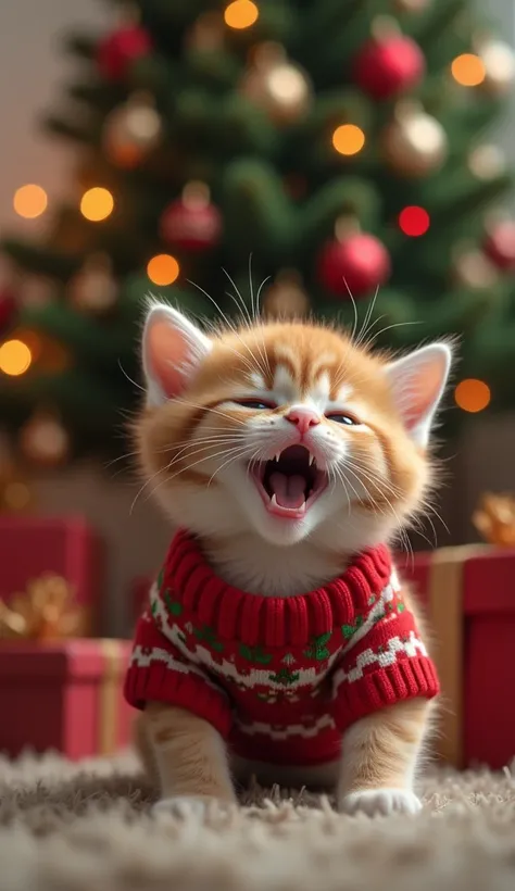 ((masterpiece, highest quality, Highest image quality, High resolution, photorealistic, Raw photo, Extremely detailed CG unified 8k wallpaper)), Kittens in sweaters are shouting at the camera, and at the top of the screen is a large “Eat Salmon for Christm...