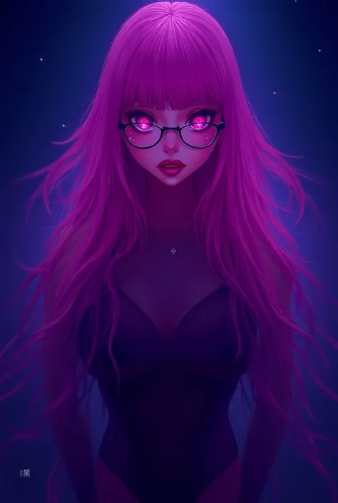 anime, long and flowy pink hair, wearing glasses, wearing sexy outfit, night fantasy