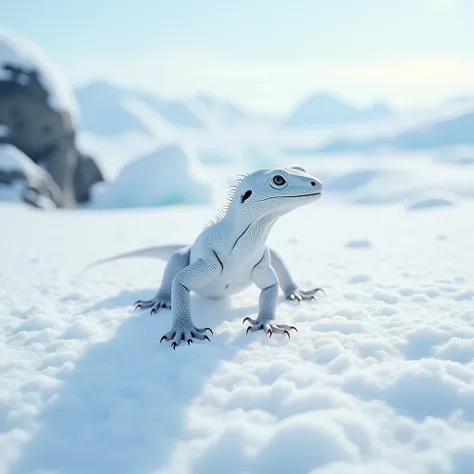 "Create a visually captivating video of a white polar lizard moving gracefully across a snowy, frozen landscape. The lizard’s sleek, white scales blend with the surrounding icy environment, while its eyes stand out with a striking contrast. Snow gently fal...